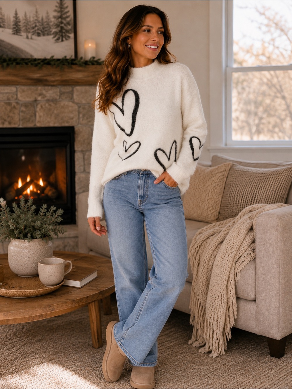 Rachel Zoe Fuzzy Heart Sweater Cream Black Mock Neck Soft Cozy Medium Top